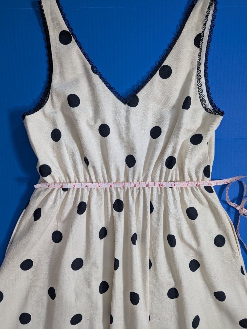A New Day Lace Trim Cream Polka Dots Midi Dress Size S - Picture 8 of 12